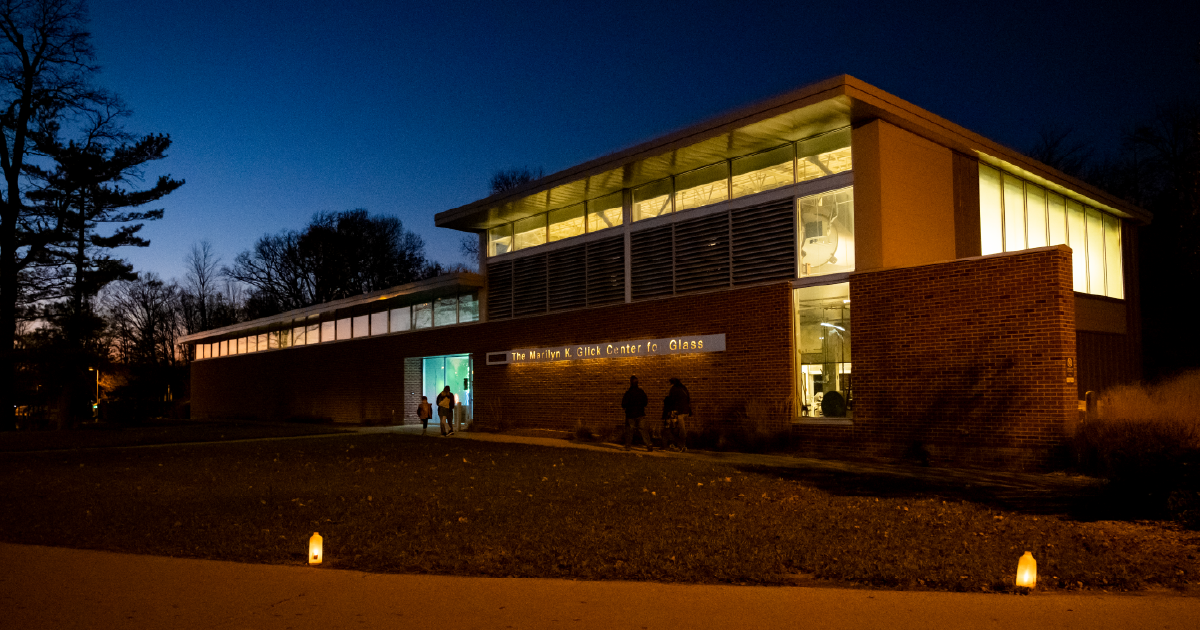 Glick Center for Glass in the evening during holiday event.