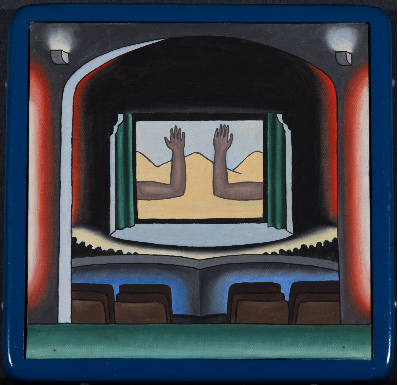 Painting of a theater with audience seats and a stage showing a screen; the screen displays desert hills and two raised arms. The vibrant colors show green in the foreground, red on the sides and a blue seating area.]