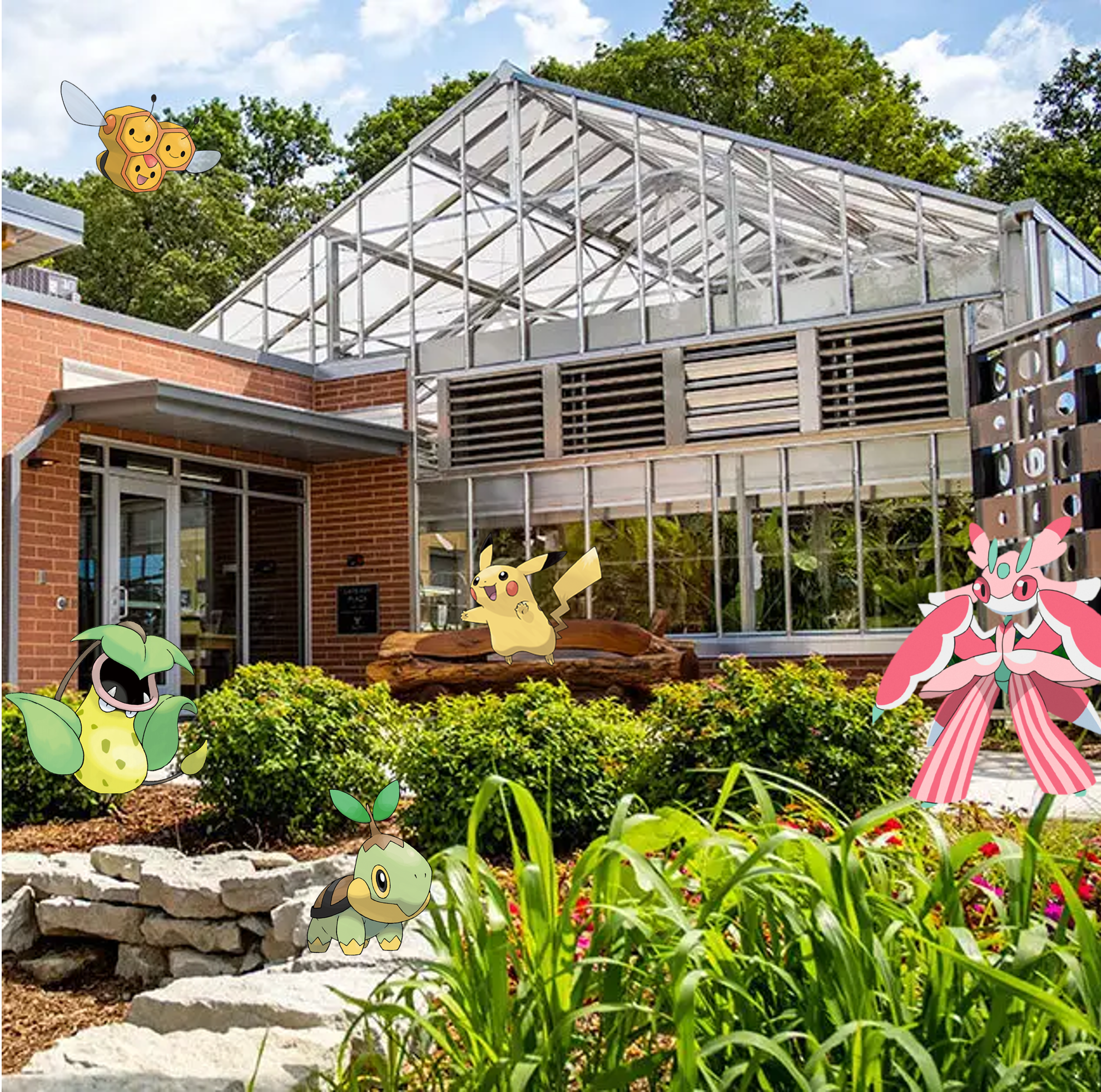 Image of Pokemon characters heading towards greenhouse building