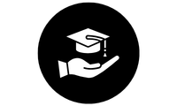 Black Circle with white hand and grad cap icons cut out in middle