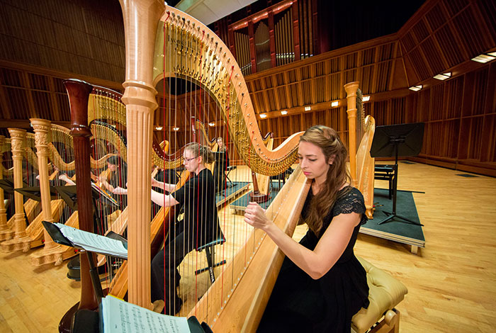 The Harp Ensemble performs in Sursa Performance Hall
