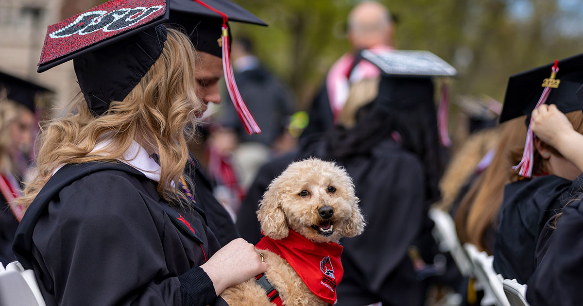 Puppy sitting on graduates lap - Ball State University Spring 2022 Commencement