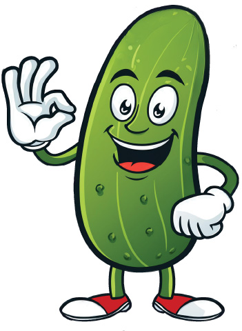 A pickle cartoon character with red and white tennis shoes and the left hand making a chirp chirp symbol.