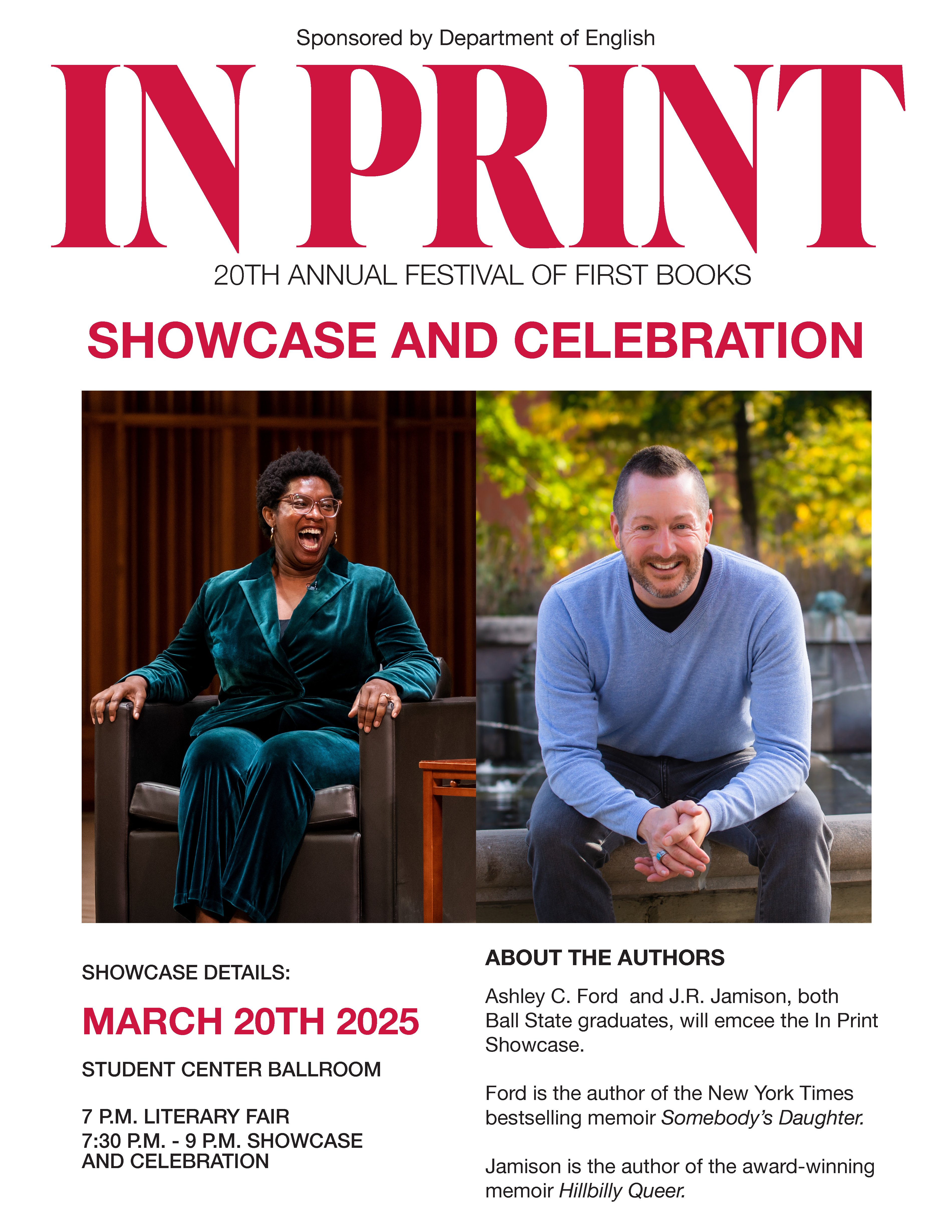 Flyer for InPrint XX showcase and celebration event, emceed by Ashley C. Ford and J.R. Jamison