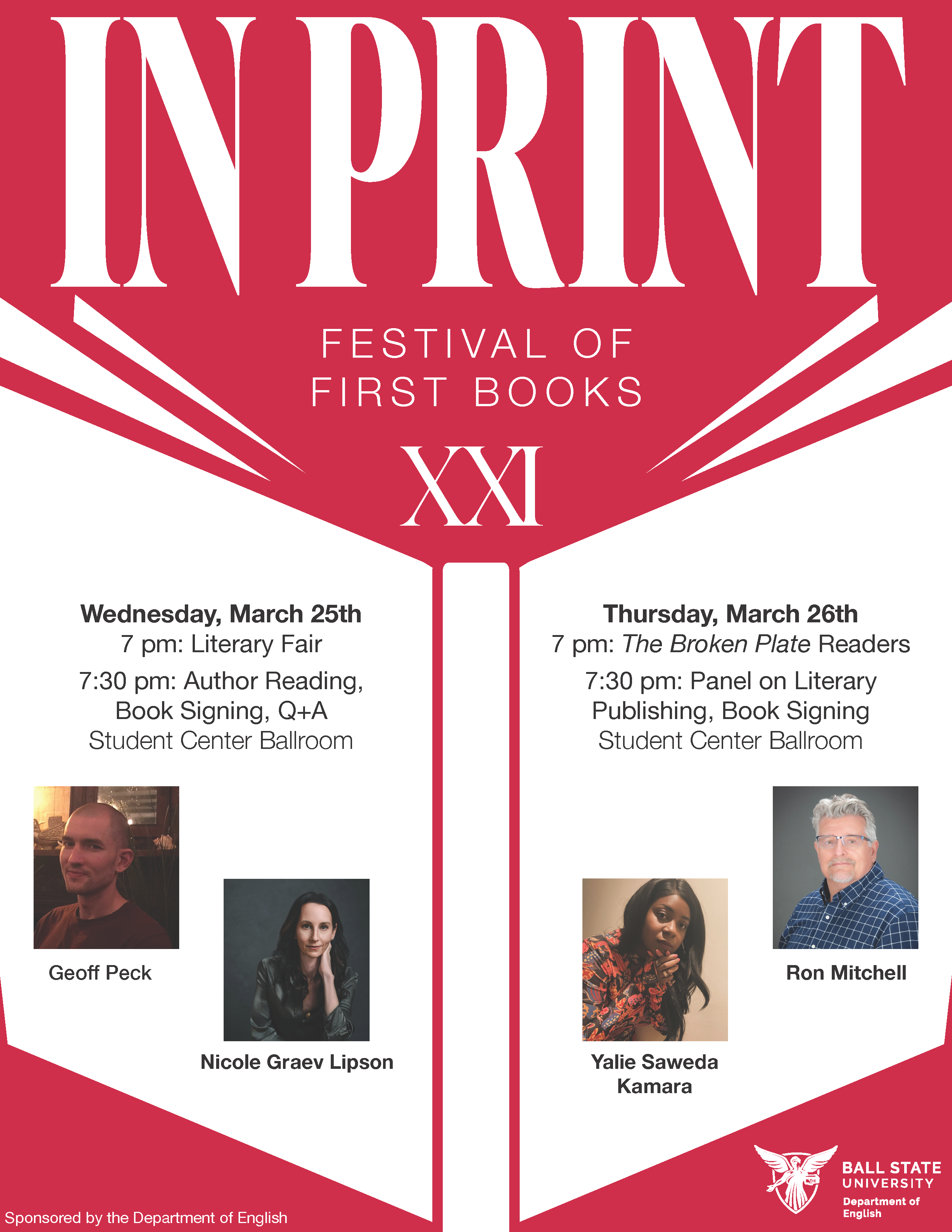 Flyer for 2026's In Print Festival of First books. The flyer shares the time for the author reading on Wednesday, March 25th (7:30 p.m. in the Student Center Ballroom) and the panel on literary publishing on Thursday, March 26th in the Student Center Ballroom.