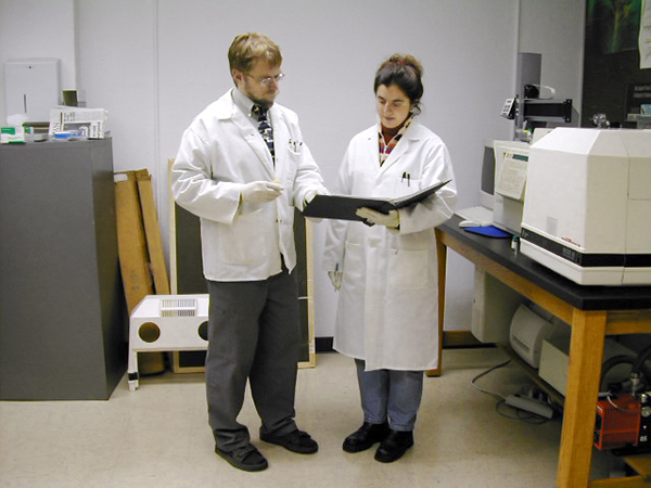 environmental sciences students in a lab