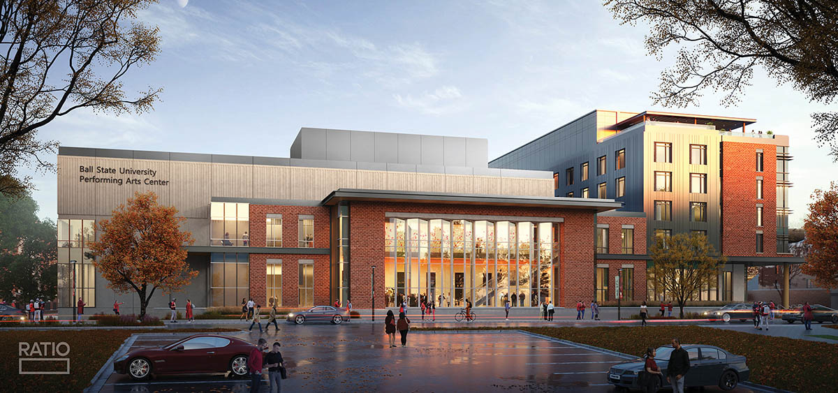 A realistic architectural rendering of Ball State's new Performing Arts Center underneath a blue sky at dusk after rain