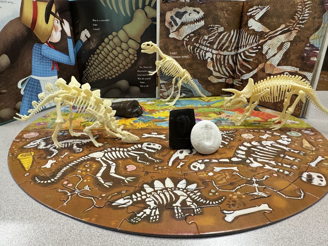 dinosaur figures and fossil models in front of storybook
