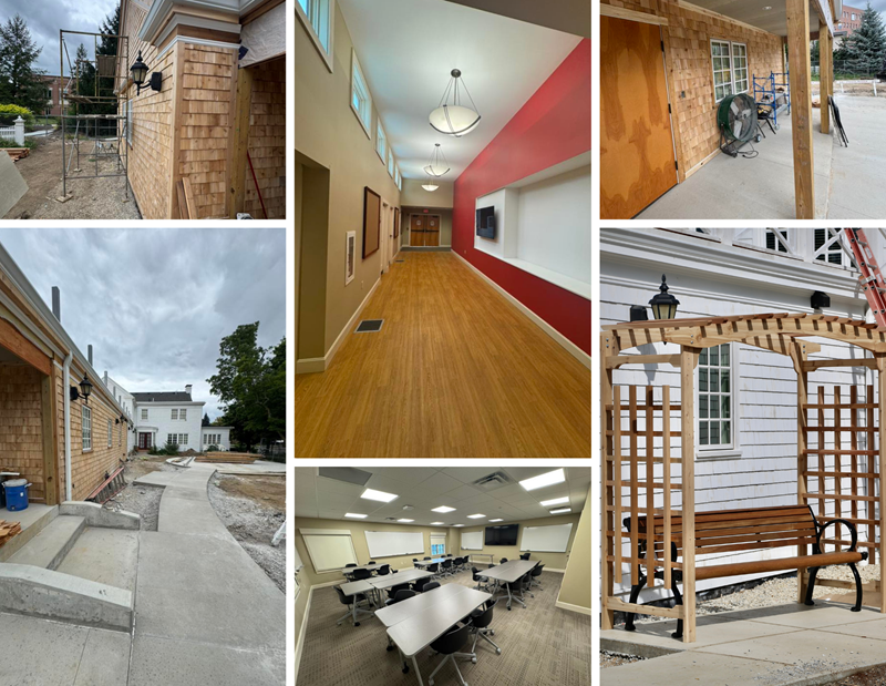 Renovation progress of a Ball State building, showing exterior work, hallways, and a classroom.
