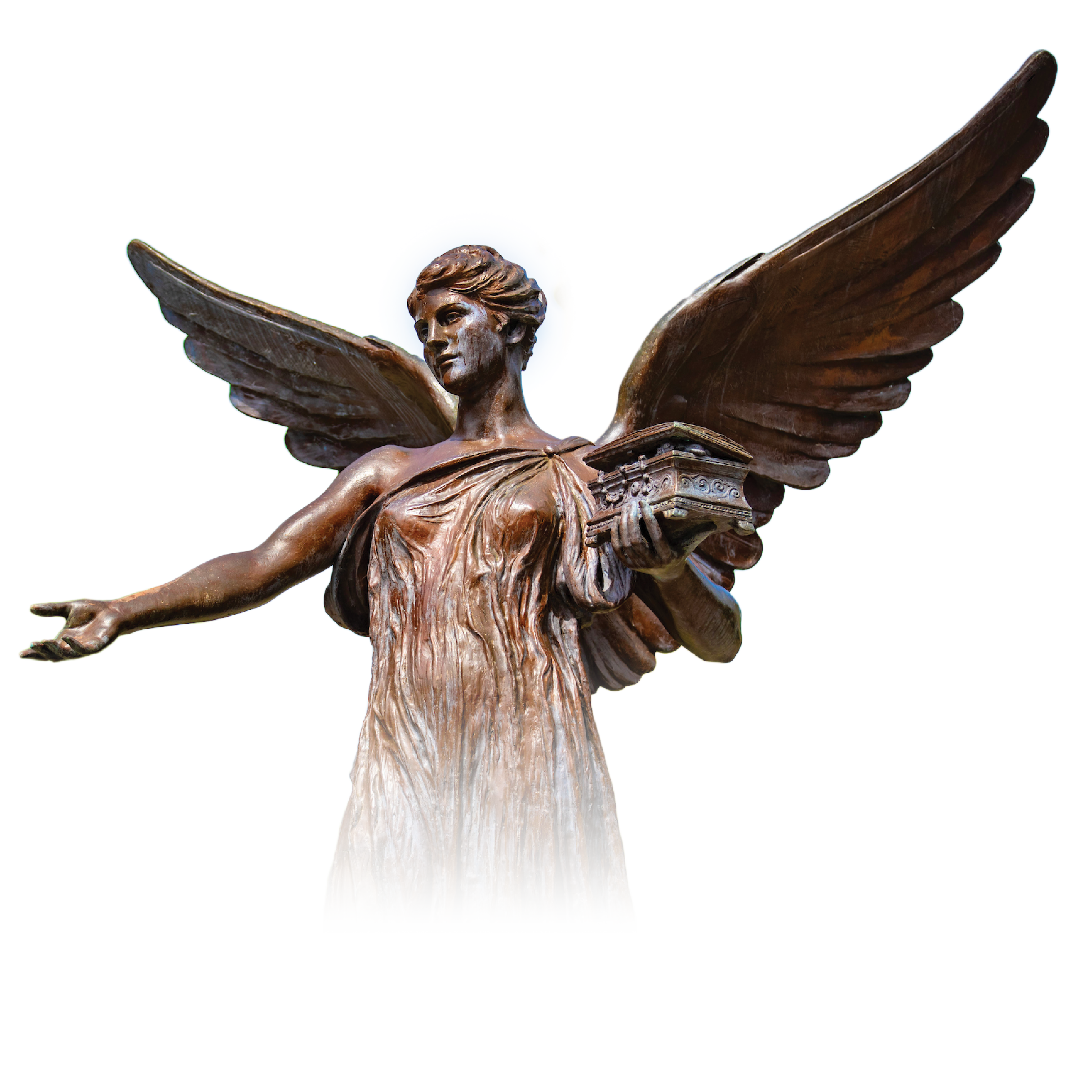 Beneficence statue, a woman with wings holding a treasure chest in her left hand and gestures her right out in an outward motion.