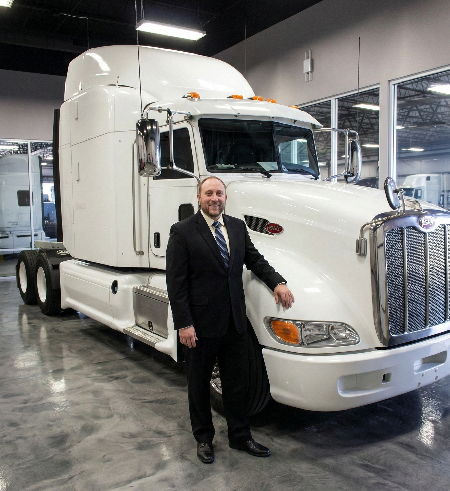 A photograph of a man in a black suit, light blue and navy blue striped tie, and white button-up shirt smiling while standing and resting his left hand on the fender of a white semi-truck inside a building on a concrete floor with ceiling lights.