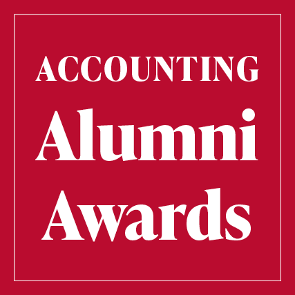 "Accounting Alumni Awards" in white text over a red background