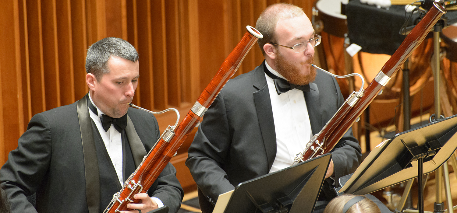 master of arts student orchestra performing in Sursa Performance Hall with bassoons