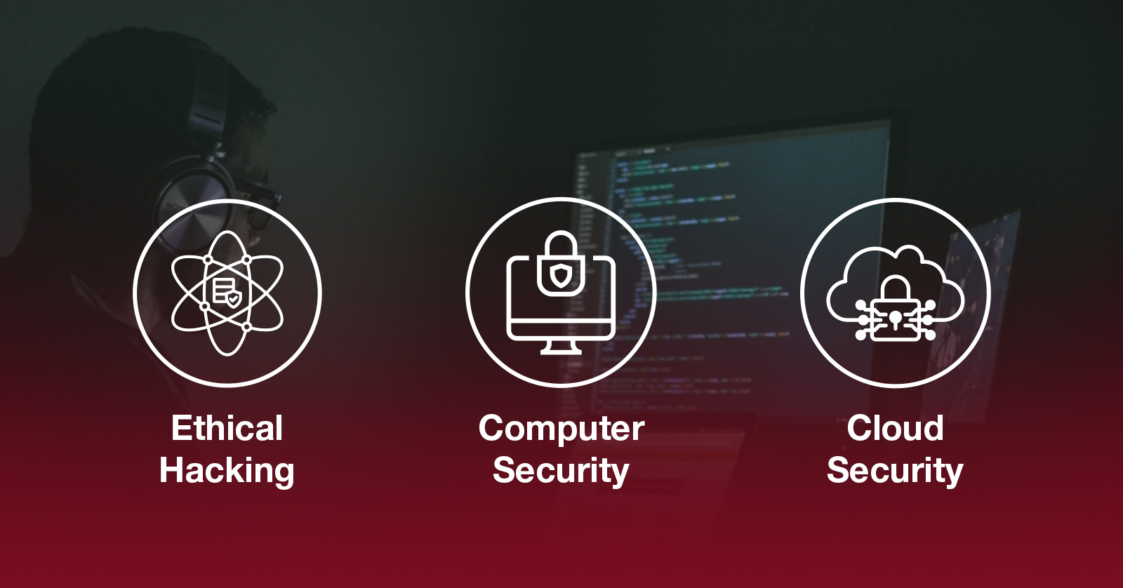 Ethical Hacking, Computer Security, and Cloud Security icons that describe the bachelor's in applied cybersecurity