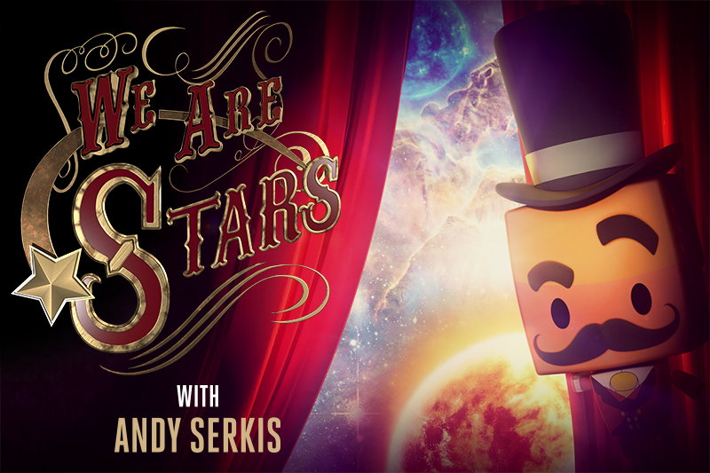 Planetarium show poster: Stylized text that reads "We Are Stars with Andy Serkis" to the left beside a figure with a mustache wearing a tall top hat.
