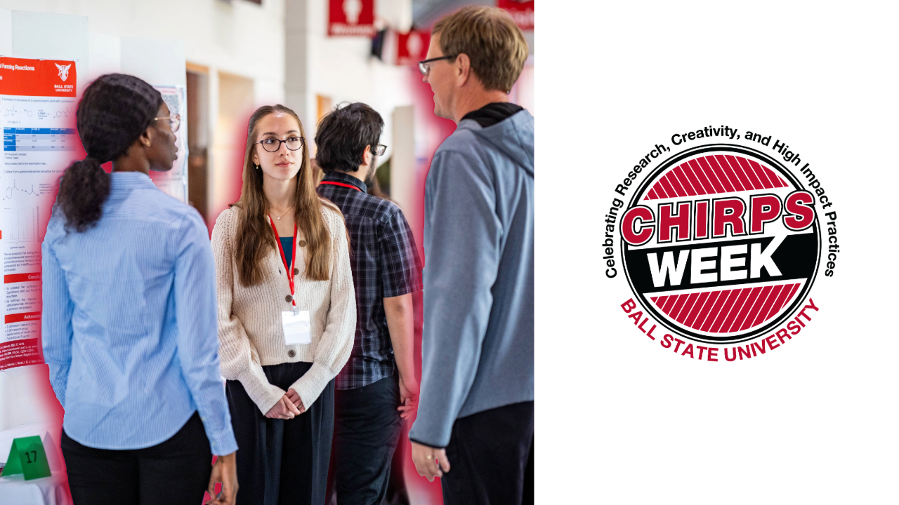 Students discuss research posters at Chirps Week Ball State University s celebration of undergraduate research 