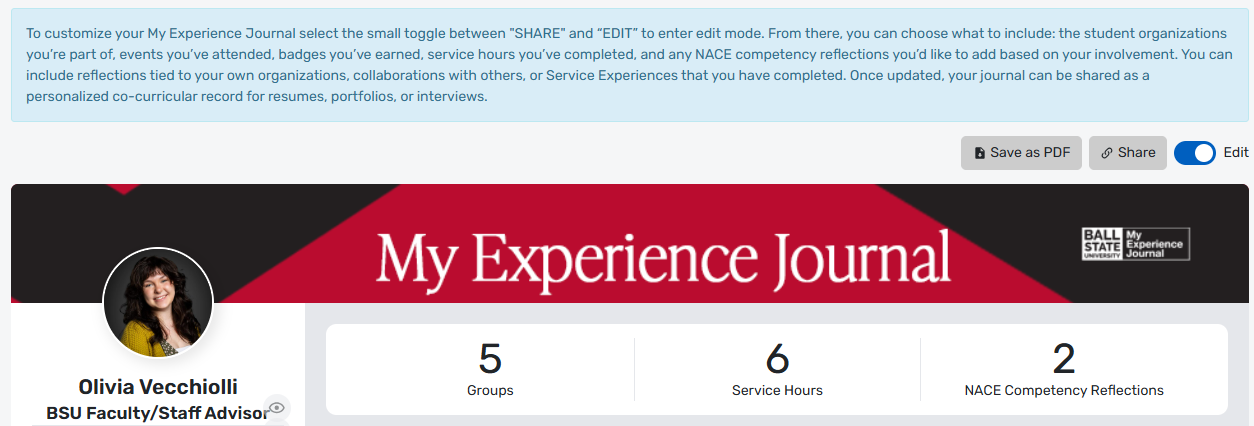 Ball State University My Experience Journal Save and Share