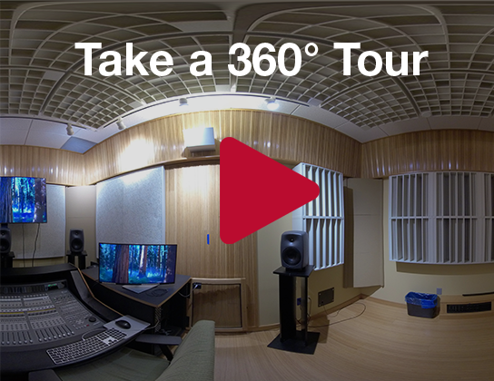 Surround Sound Audio Edit Room with audio recording equipment and windows with the text "Take a 360°" over top. Click on the photo to take a 360° tour of the podcast studio.