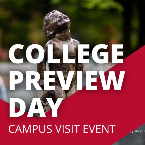 A photo of Frog Baby statue is overlayed by the words "College Preview Day" and "Campus Visit Event" with a red design embellishment