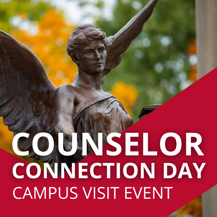 The text "Counselor Connection Day" displays in the foreground over an image of Beneficence statue at Ball State University in the autumn season.