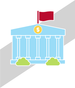 illustration of a blue government-style building with columns, a gold dollar symbol, and a red flag on top, representing tuition and fees