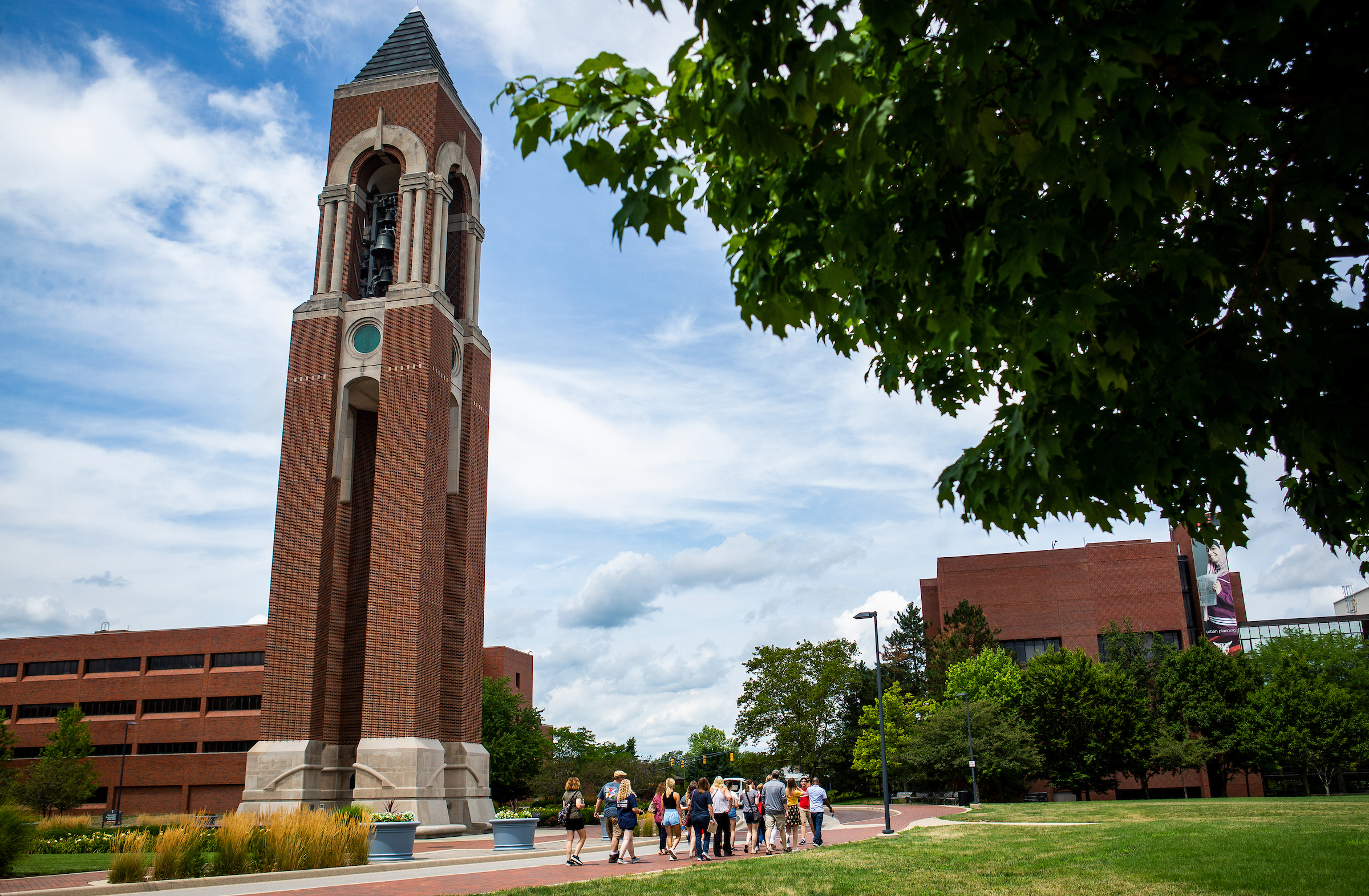 Image of Shafer Tower with students walking along the sidewalk below on Experience BSU Day