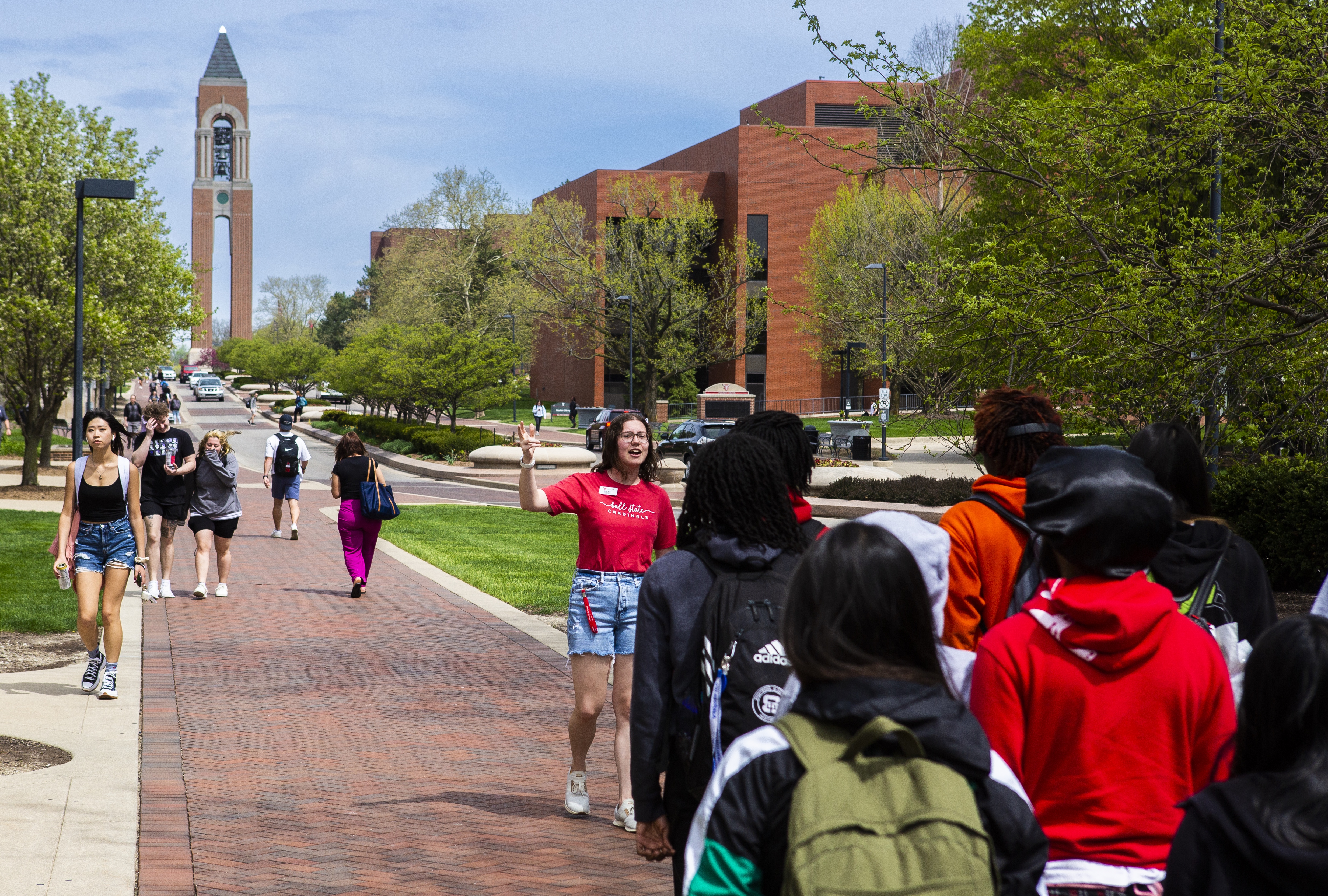 A current Ball State student guiding prospective students through campus with the Shafer Tower in the background