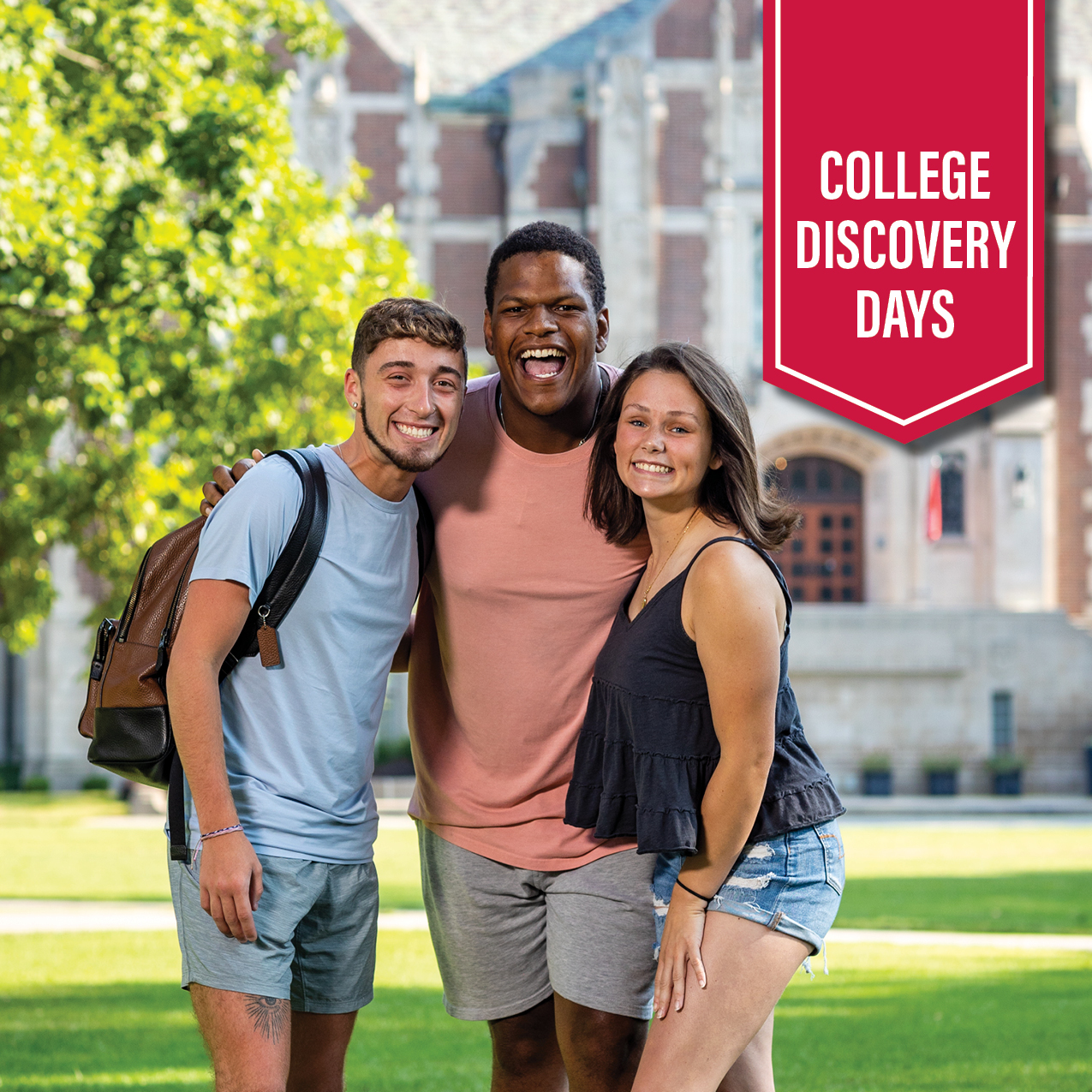 Clickable image of three Ball State students posing for a picture in front in the David Owsley Museum of Art