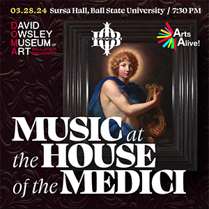 photo of a baroque painting with the words "music at the house of the medici" superimposed on it