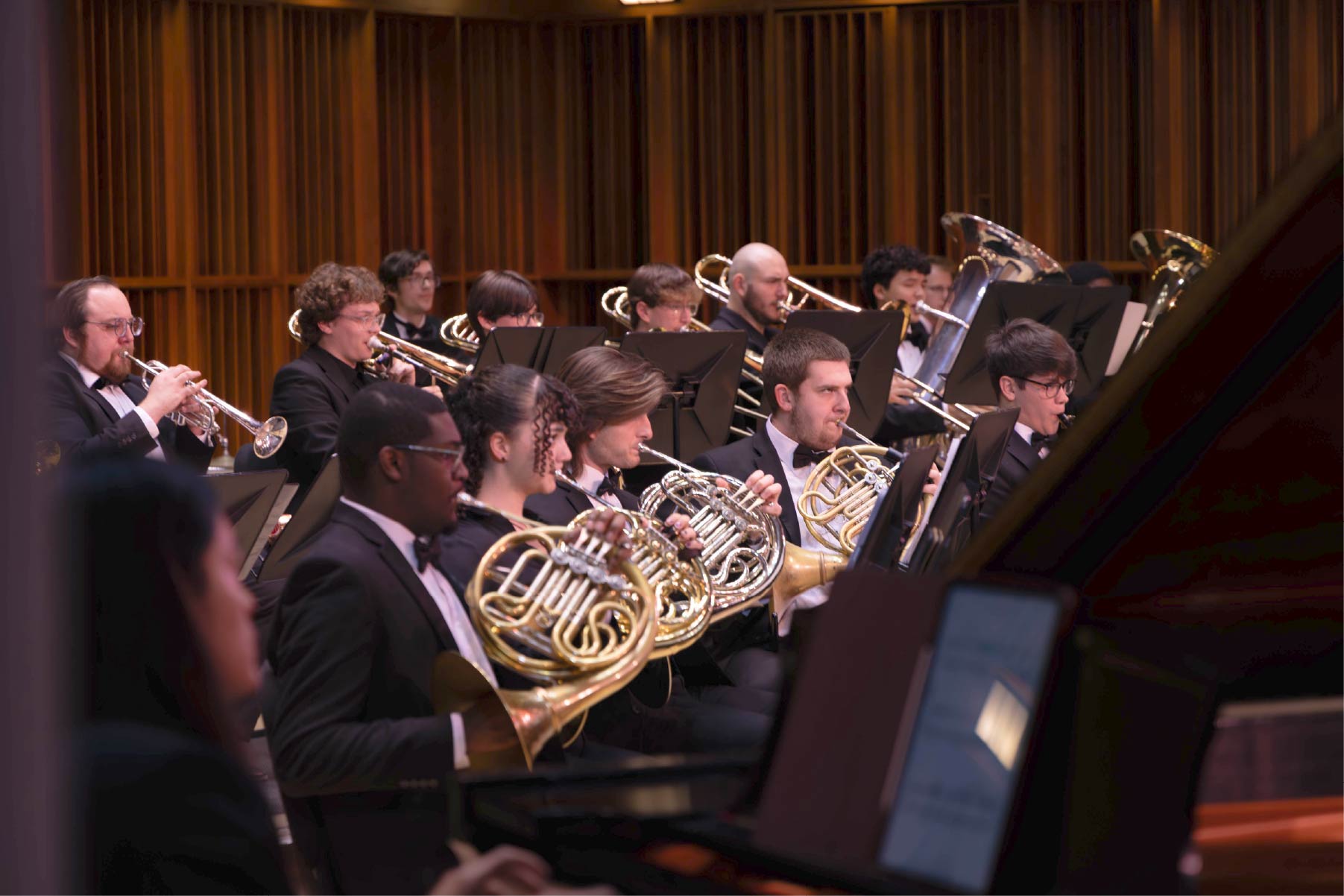 Ball State students perform in the School of Music's Wind Ensemble and bands with various wind instruments
