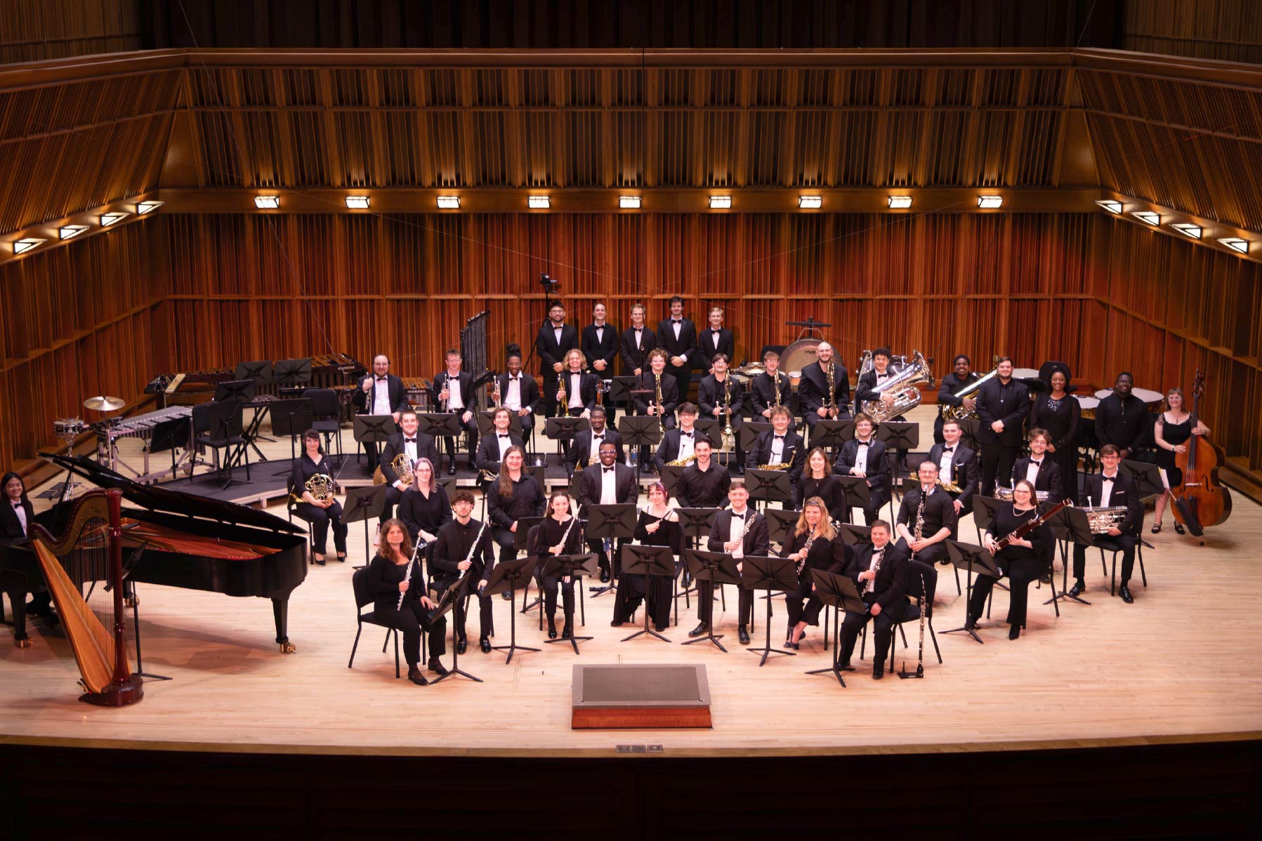 Ball State students perform in the School of Music's Wind Ensemble and bands with various wind instruments.