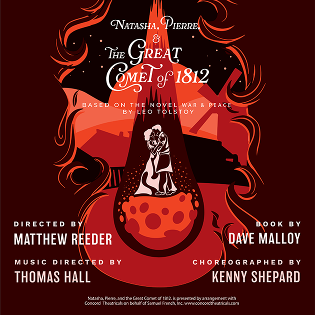 Two people embracing in while standing on a comet surrounded by flames