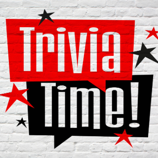 White brick background with red and black stars with red box that says trivia and black box that says time!