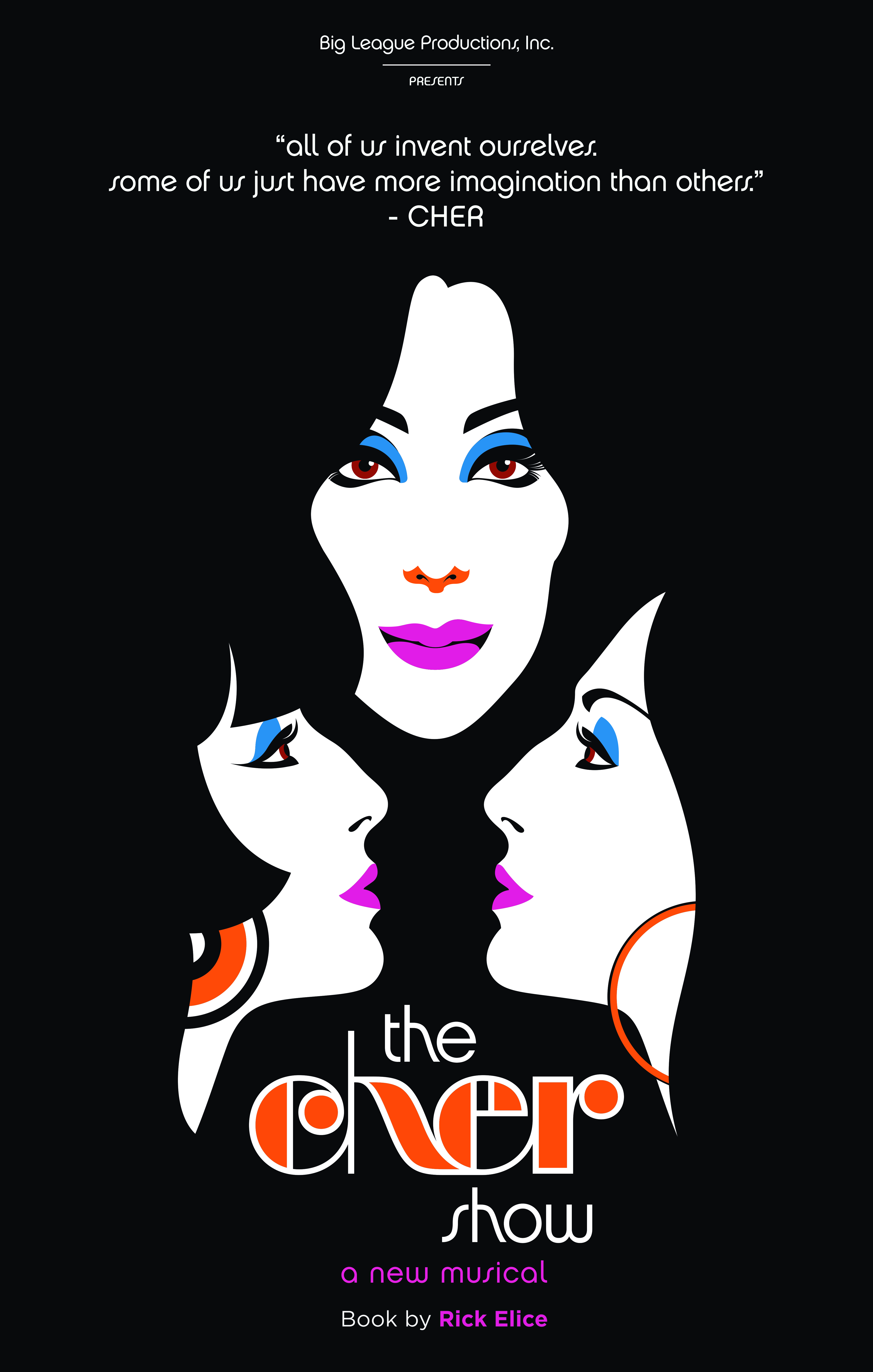 cartoon images of three women's faces above the title "The Cher Show"