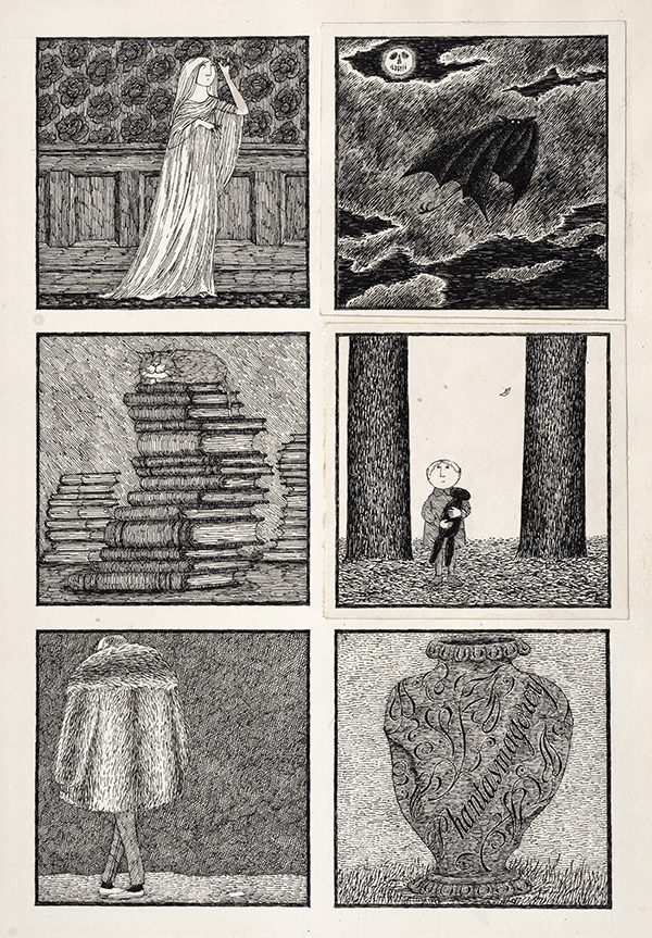 Edward Gorey, Phantasmagorey, 1974. Pen and ink with collage on paper. Collection of Clifford Ross.