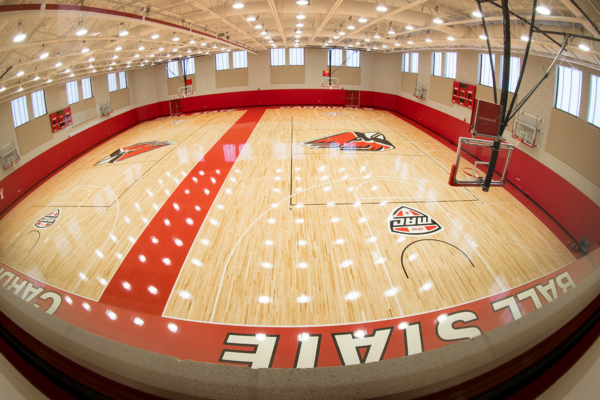 Basketball and volleyball courts inside the Shondell Practice Center 