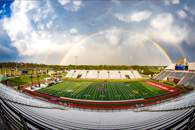 Double rainbow over stadium