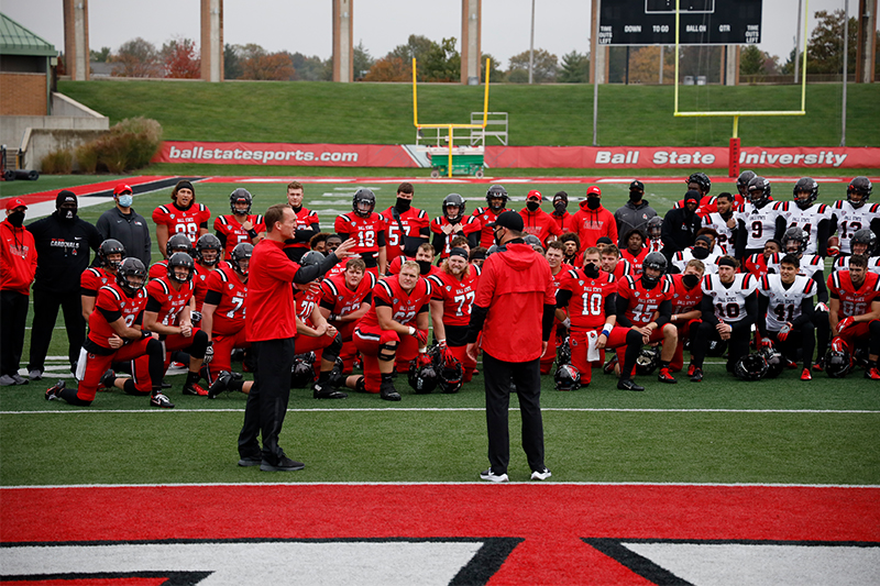 Peyton Manning talks to the Ball State football team
