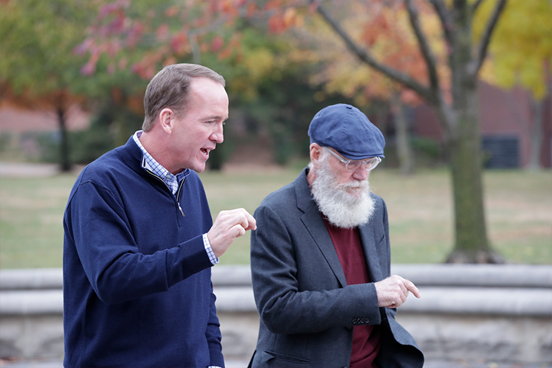 David Letterman and Payton Manning walk and talk on campus