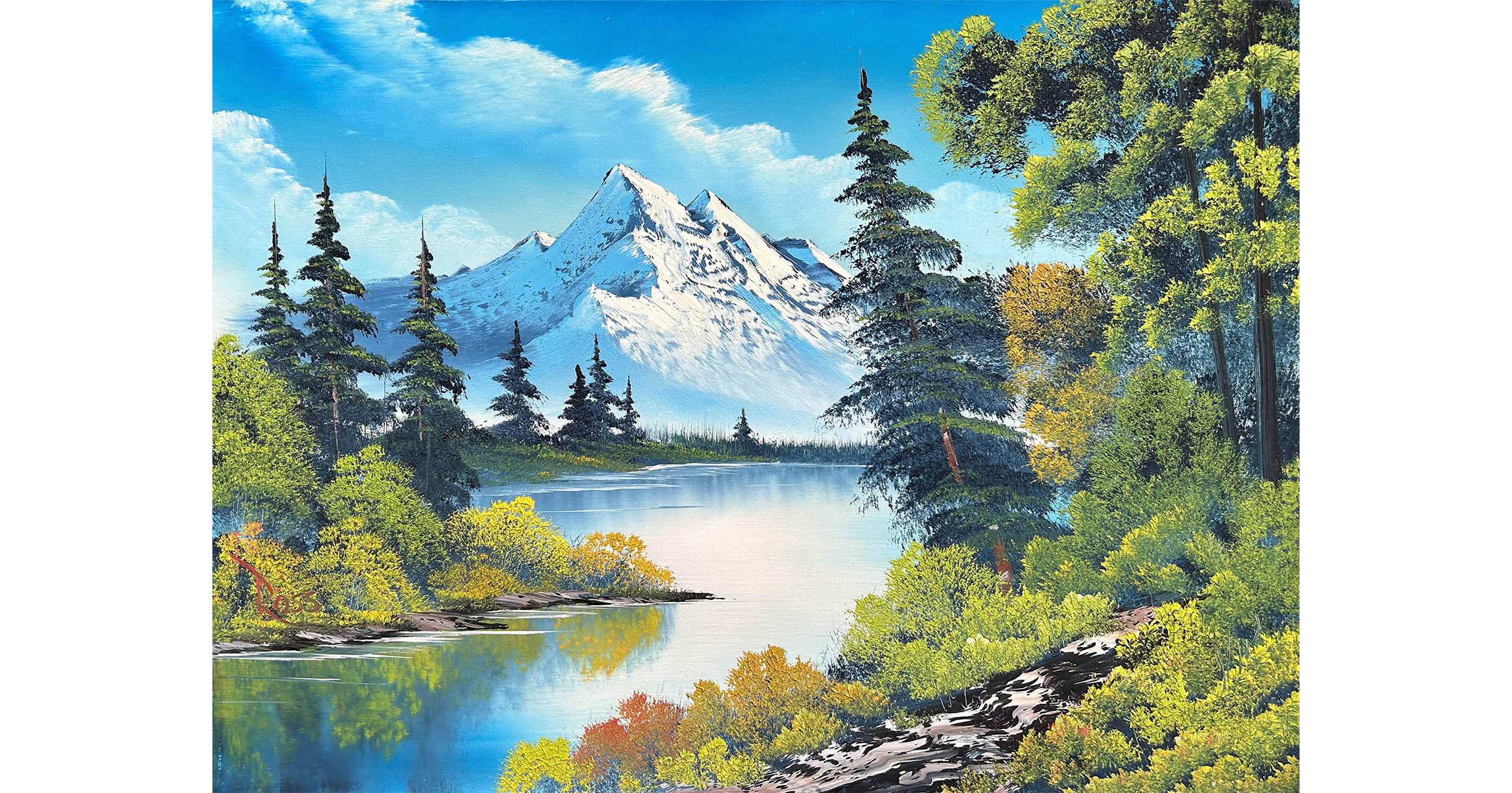 Bob Ross painting Mountain Summit showing a snow-covered mountain, lake, evergreen trees, and bright foliage.