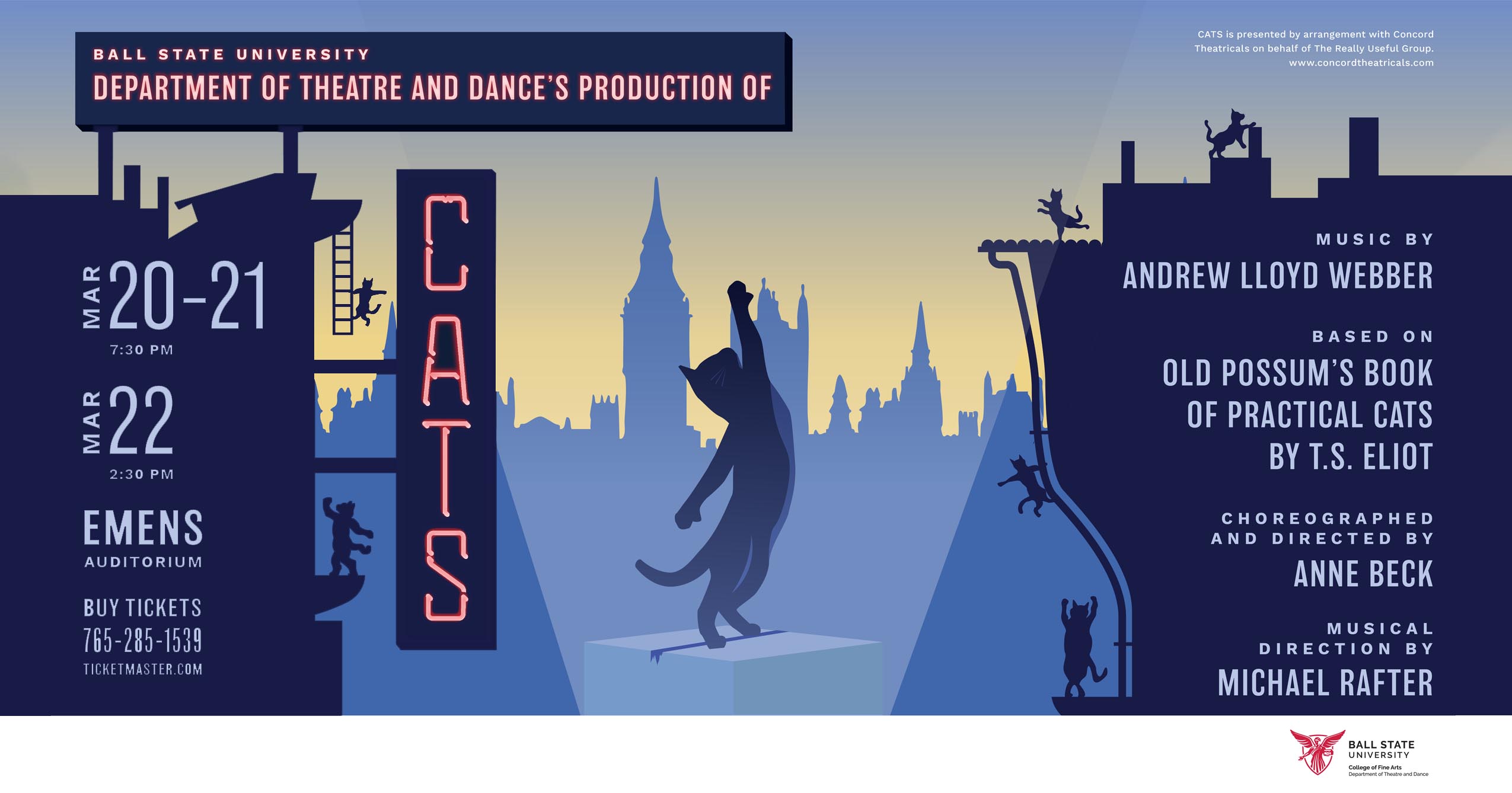 Poster for Ball State University’s production of Cats with silhouetted cats, a city skyline, and dates March 20–22 at Emens Auditorium.