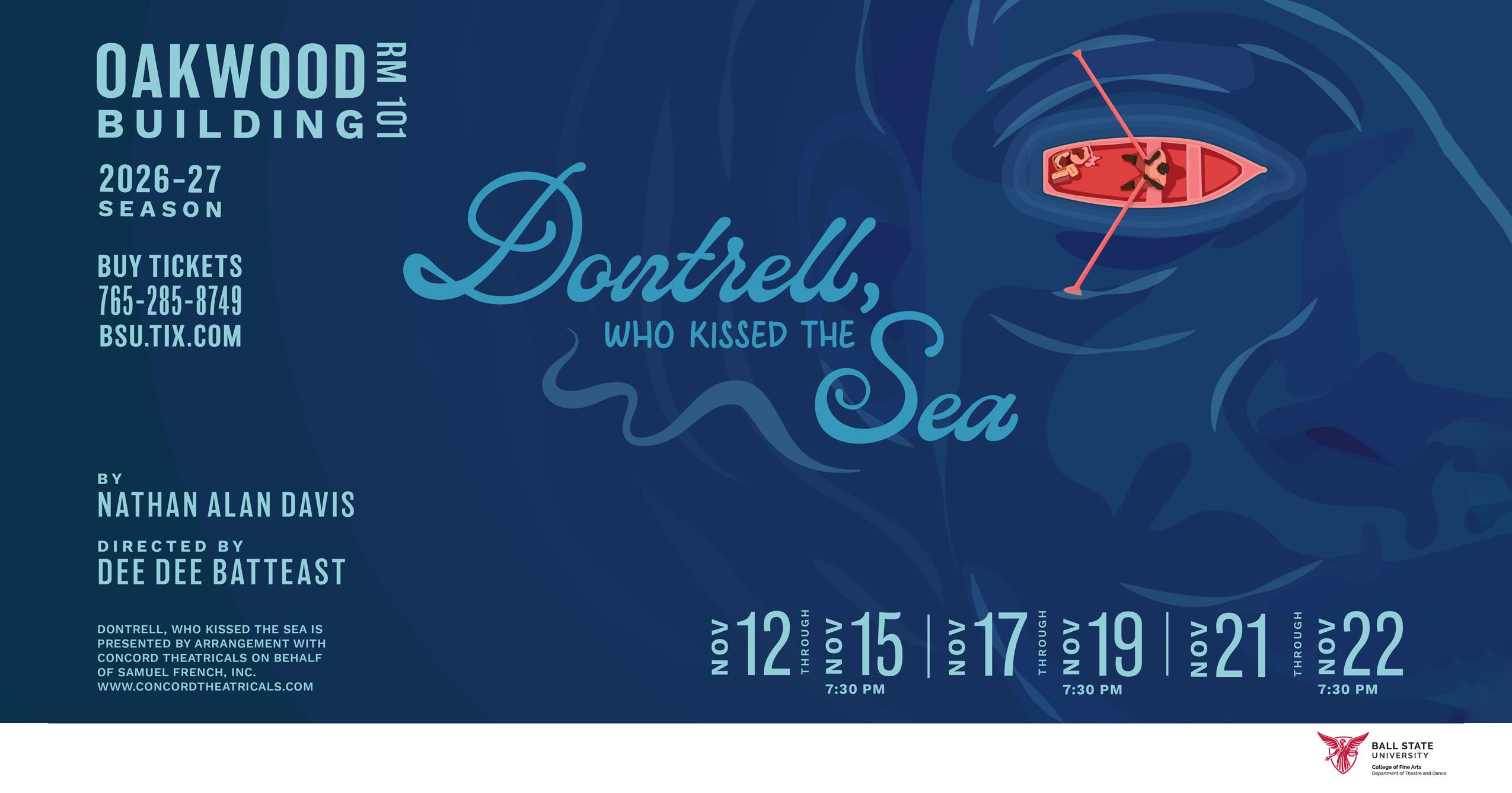 Promotional graphic for Dontrell, Who Kissed the Sea, featuring a small red rowboat surrounded by swirling dark blue ocean waves. The Ball State production runs Nov. 12–22, 2026, at the Oakwood Building.
