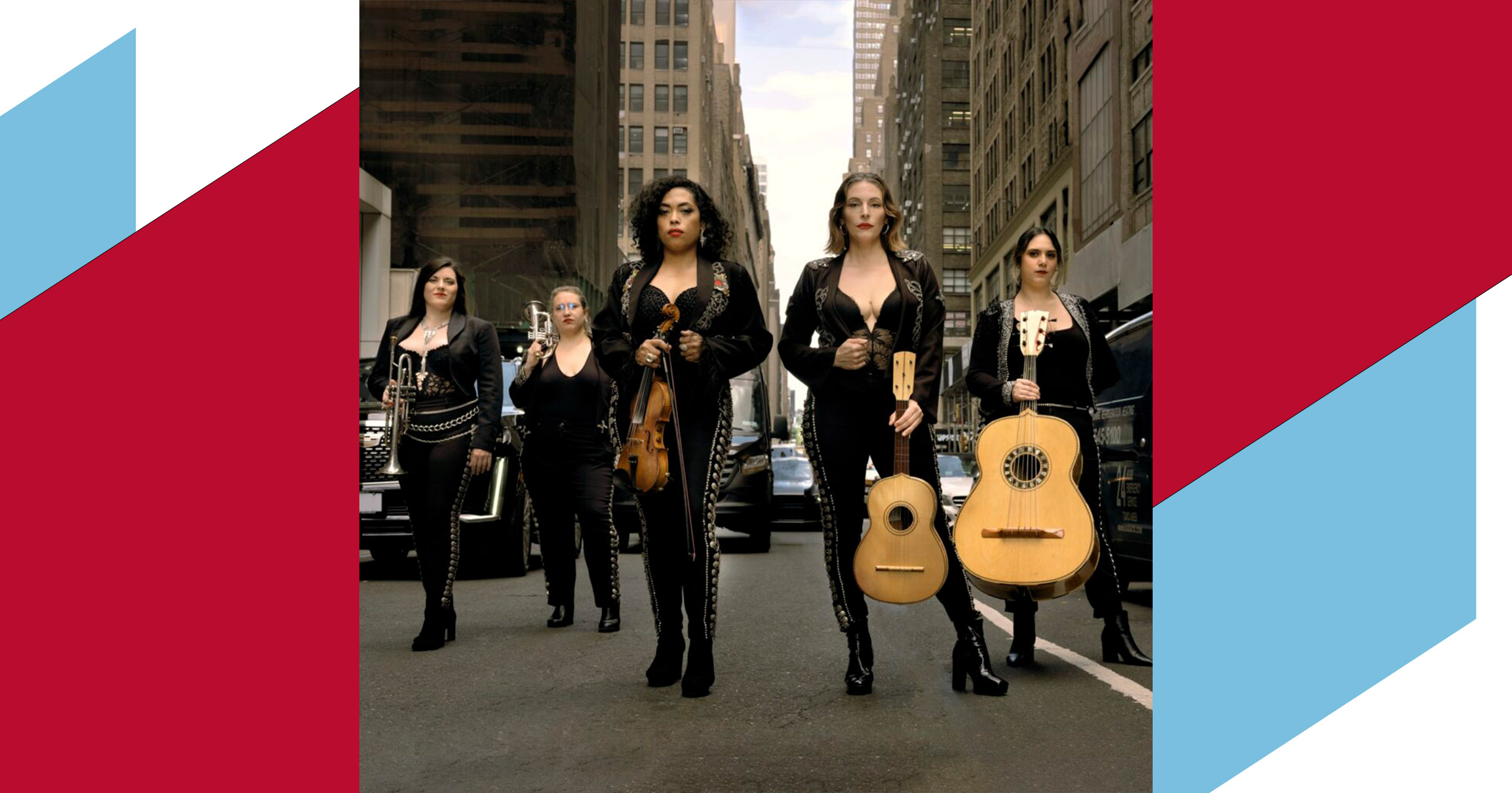 Flor de Toloache members pose with instruments on a city street.