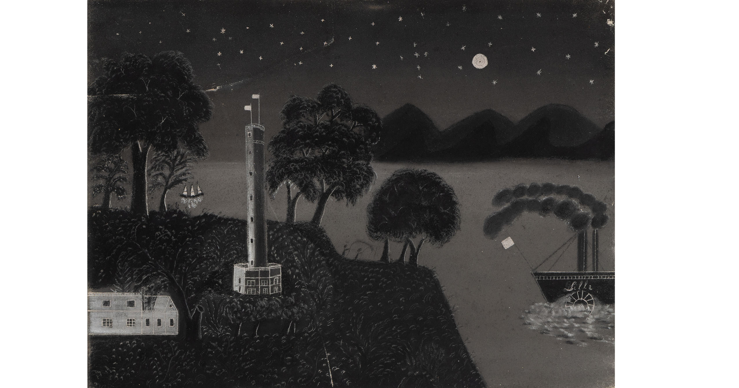 Charcoal drawing of a nighttime harbor scene featuring a lighthouse and steamboat.