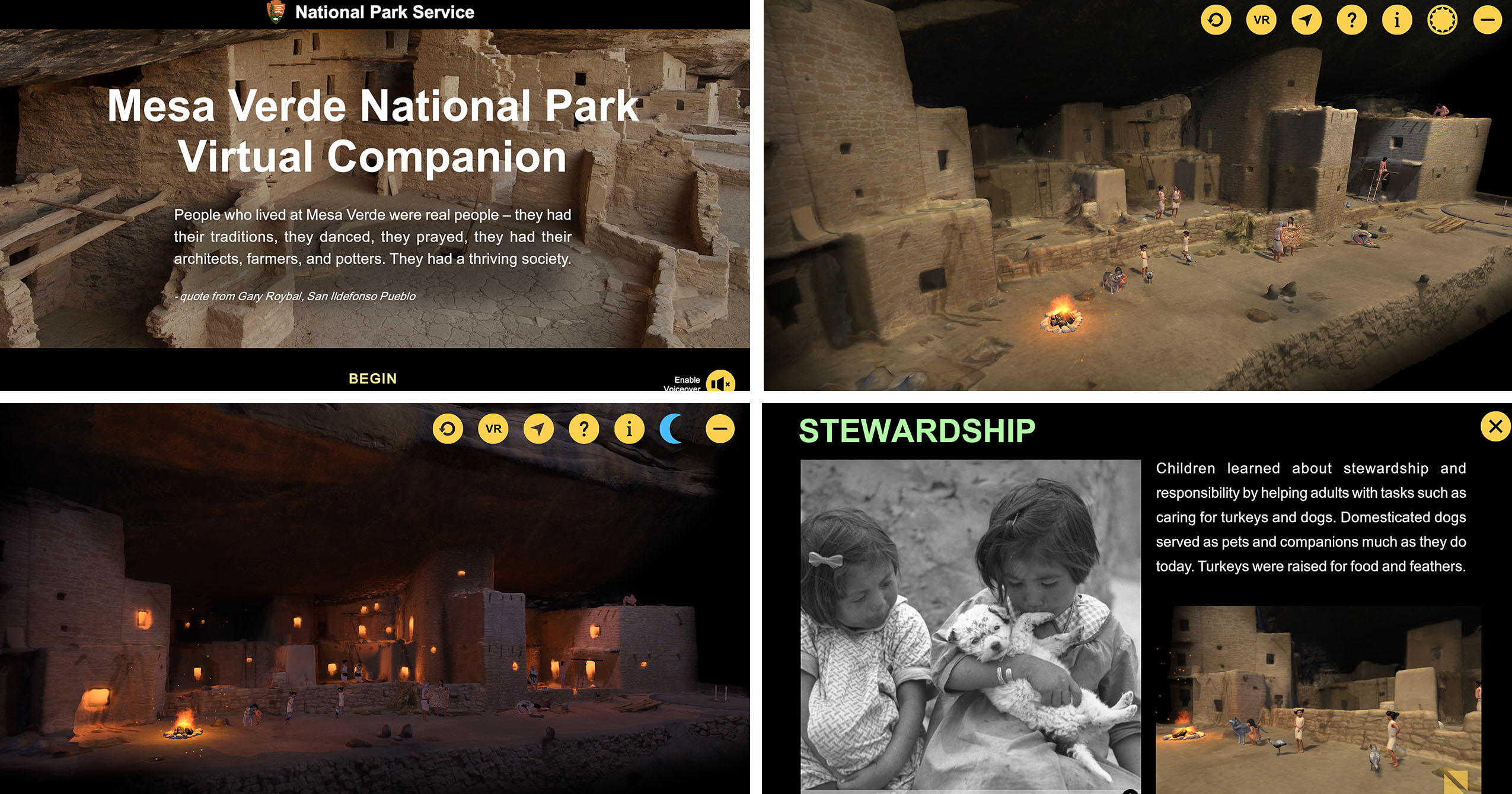 Four screenshots from the Mesa Verde Virtual Companion app show a welcome screen, 3D reconstructions of Mesa Verde cliff dwellings, animated Ancestral Pueblo scenes, and an educational stewardship panel about children caring for animals.
