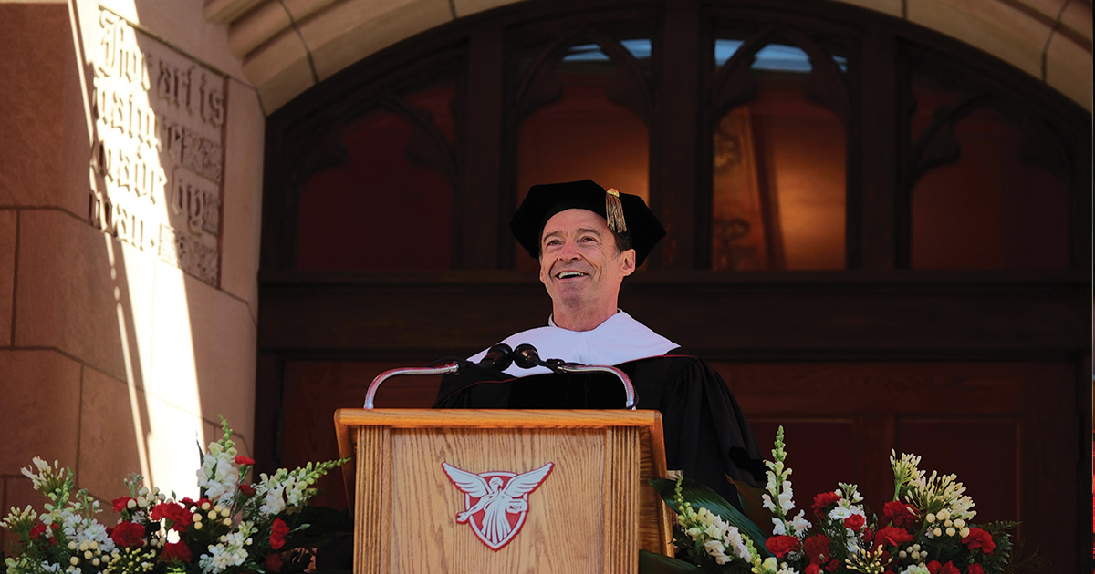 Actor Hugh Jackman speaks from podium